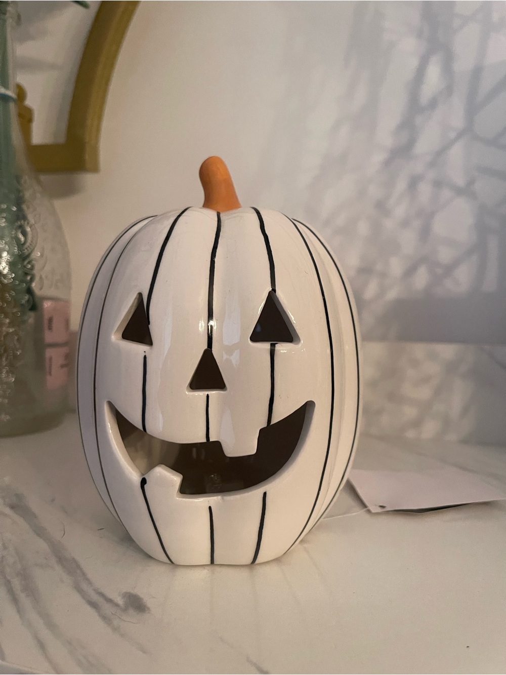 White Ceramic Jack-O'-Lantern with Black Pinstripes